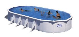 ATLANTIS Бял сглобяем басейн овал 810х470х132 см с пясъчен филтър с външни подпори